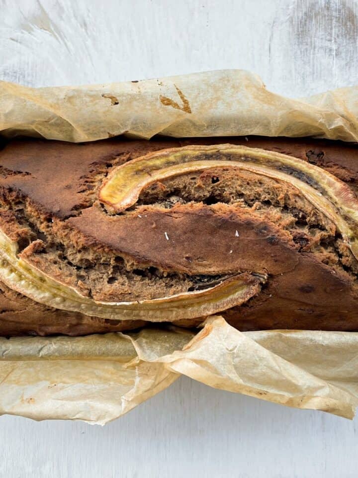 Buckwheat flour banana bread with dates on tin