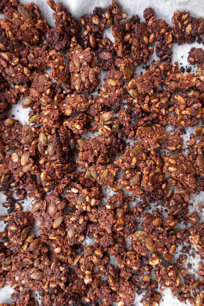 Healthy chocolate granola (gluten-free)  on baking tray