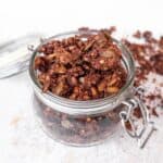 Healthy chocolate granola (gluten-free) in a glass jar