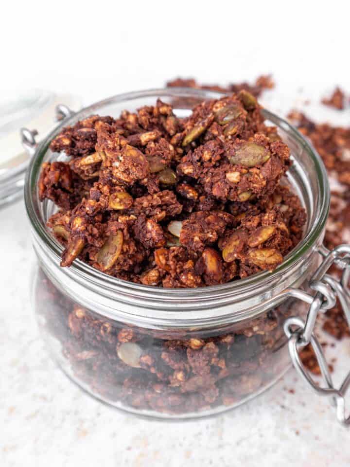 Healthy chocolate granola (gluten-free) in a glass jar