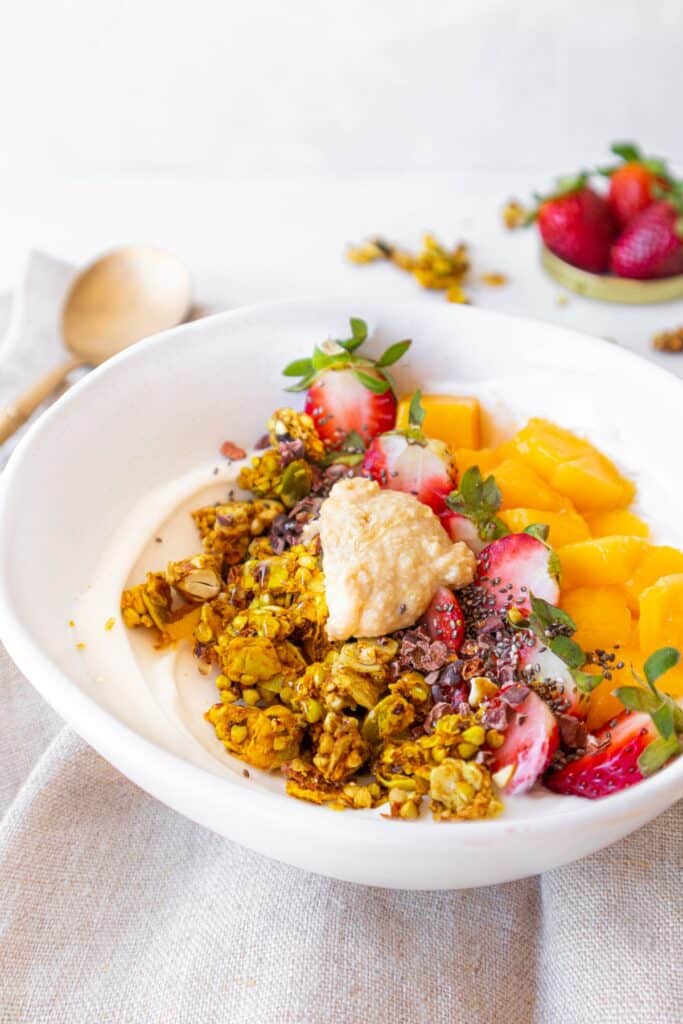Coconut yogurt bowl with fruit and toppings