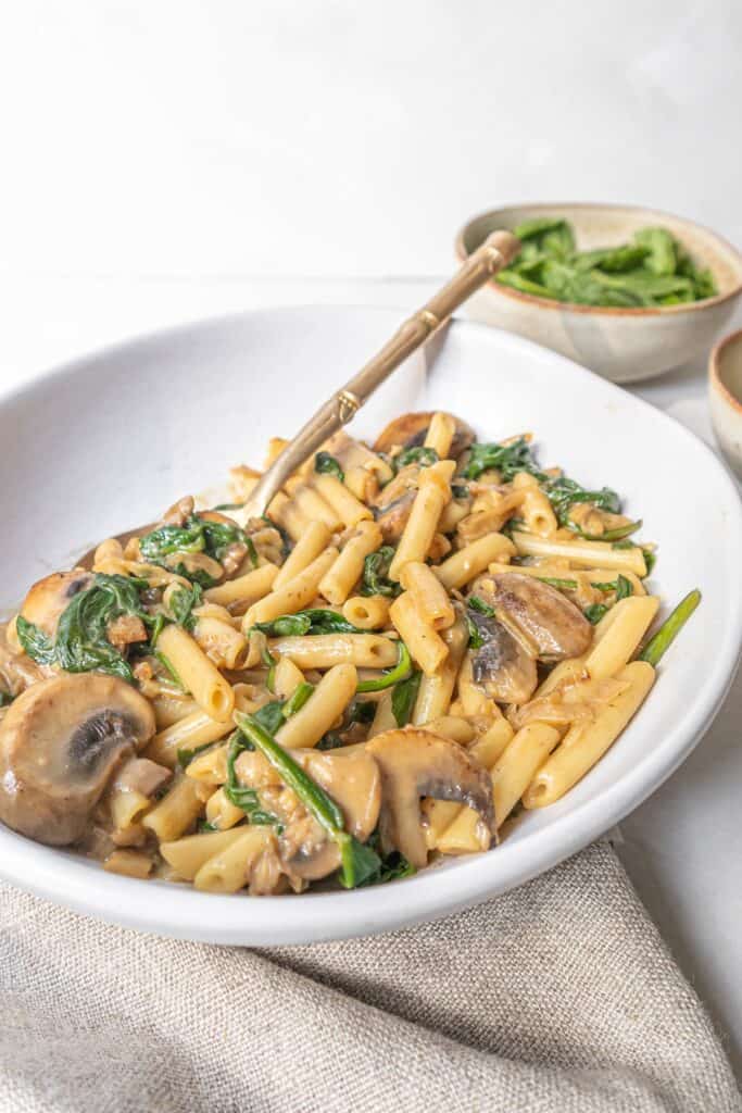 Creamy vegan mushroom pasta on a bowl