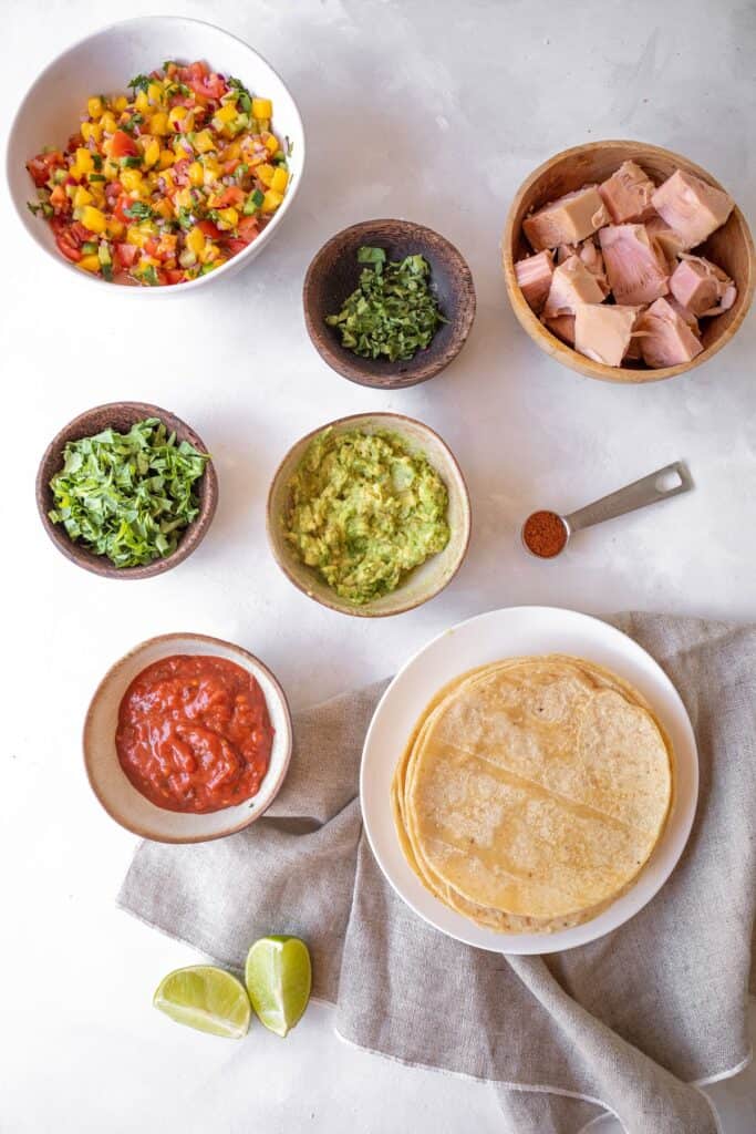 Jackfruit tacos ingredients on bowls