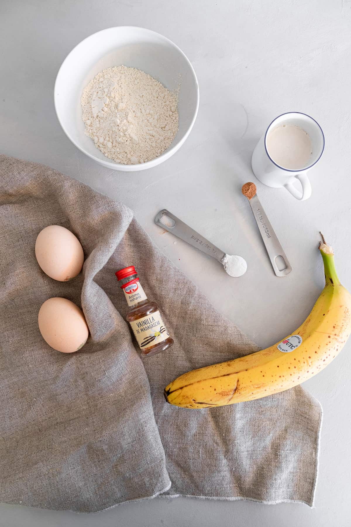 Chestnut flour pancakes ingredients on benchtop 