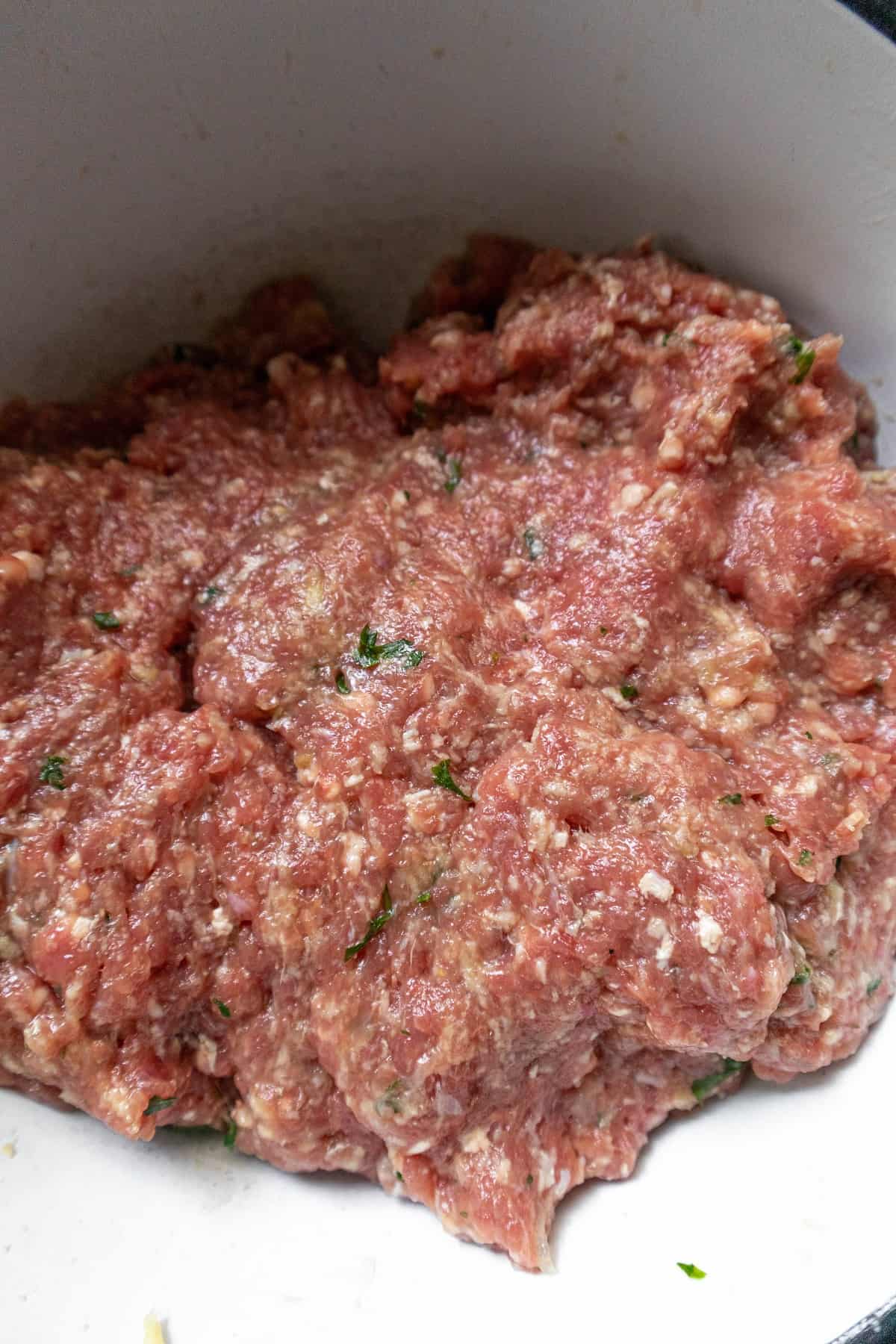 Gluten free meatball mix on large mixing bowl