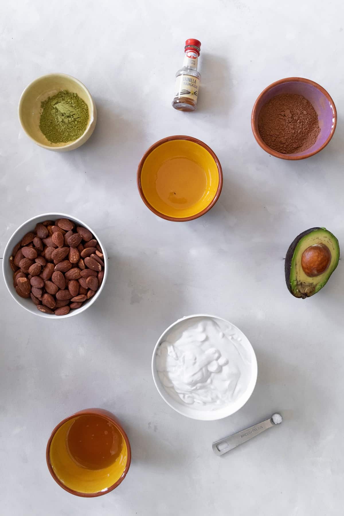 Matcha tart ingredients on little bowls