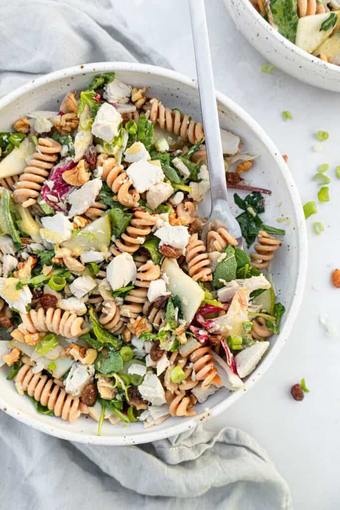 Close up of high protein pasta salad