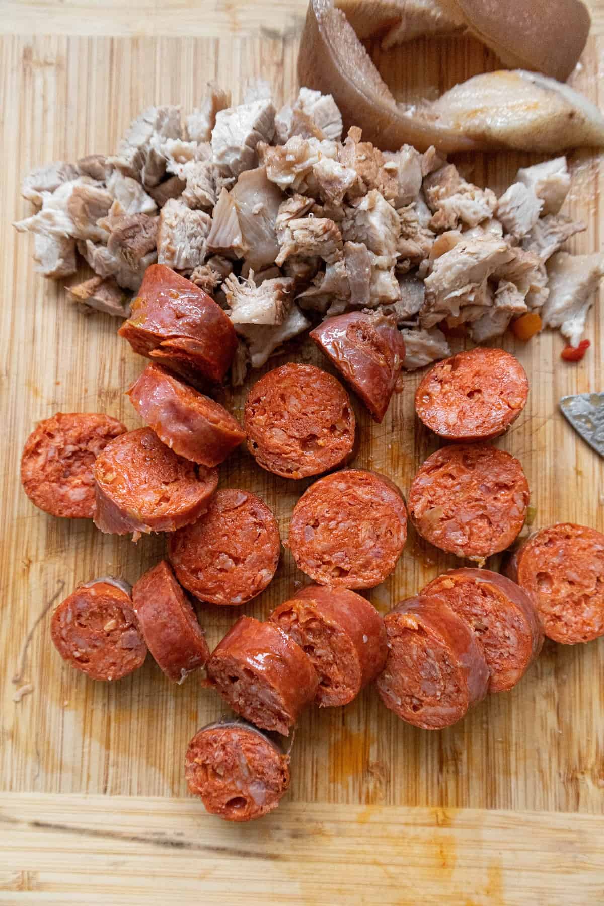 Chopped chorizo and pork belly. Fat removed from the pork belly