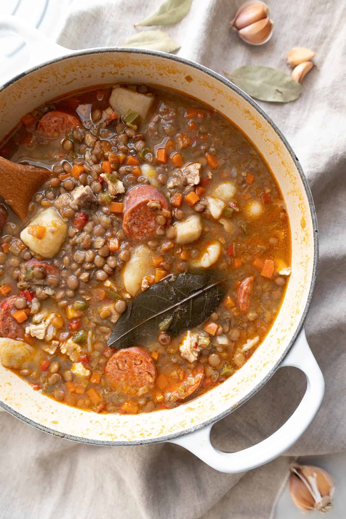 Spanish lentil stew in a pot