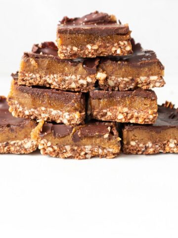 healthy no bake caramel slice stacked (gluten free and dairy free)