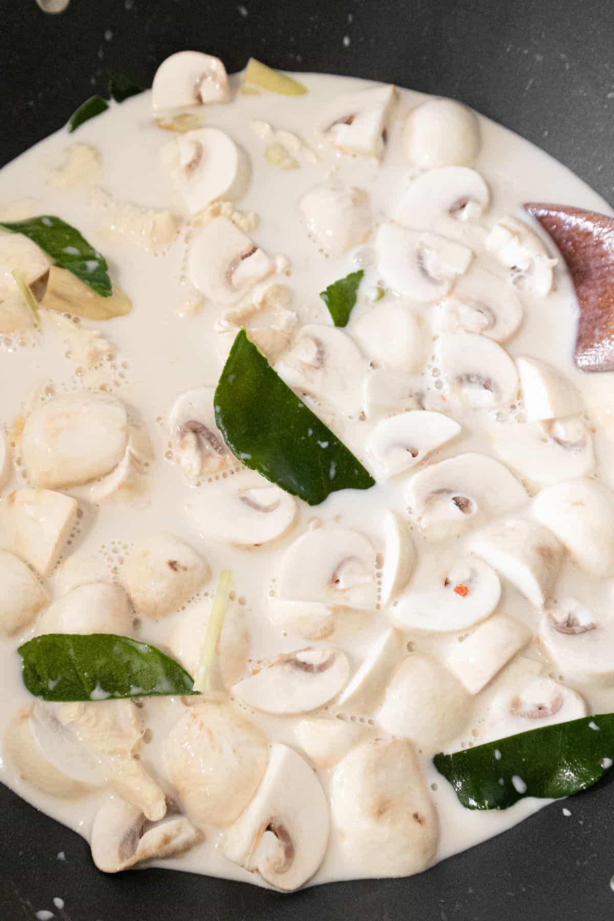 Mushrooms and kaffir lime leaves cooking on coconut chicken broth