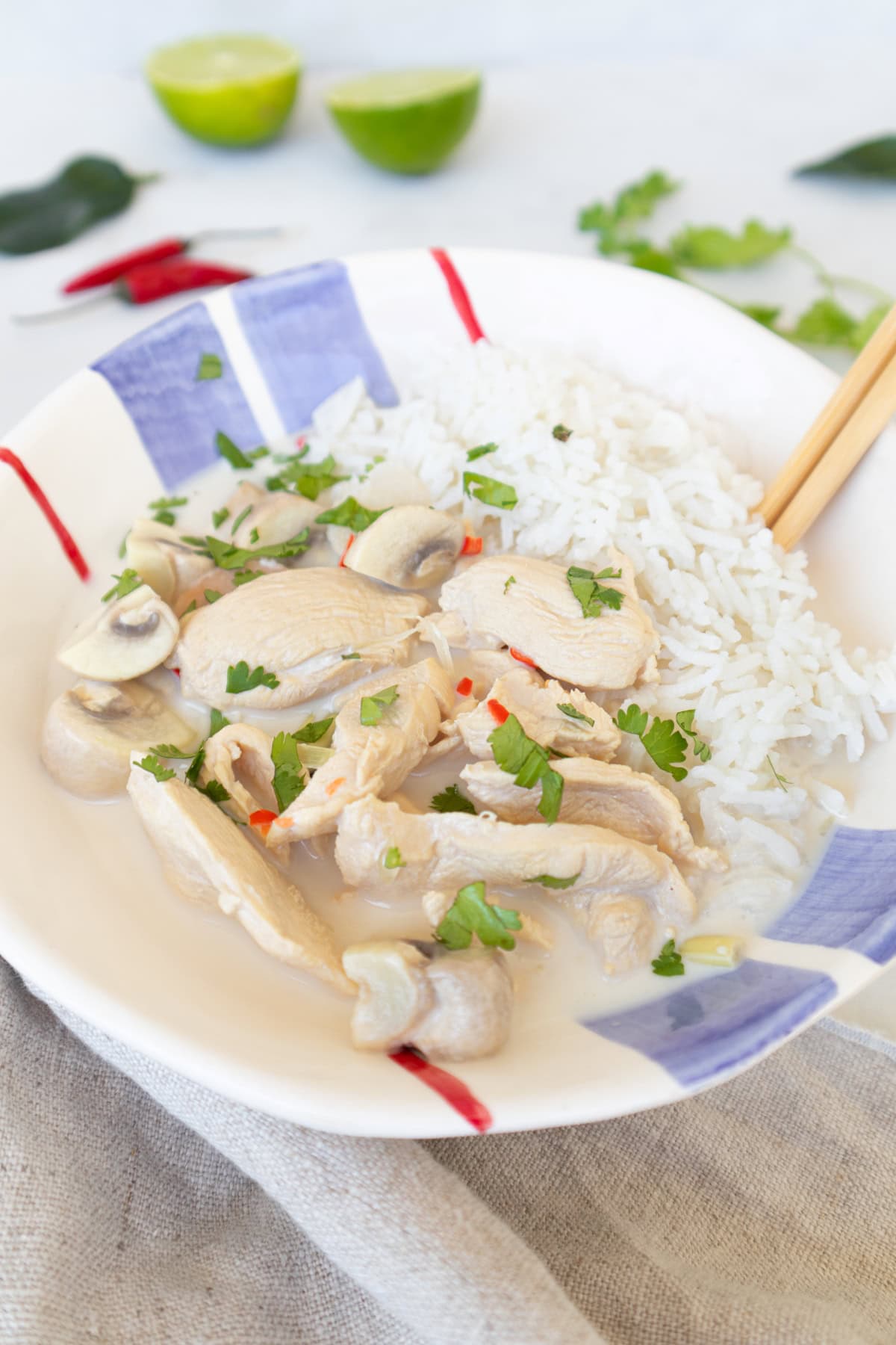 Thai coconut lime chicken served with plain rice and fresh cilantro