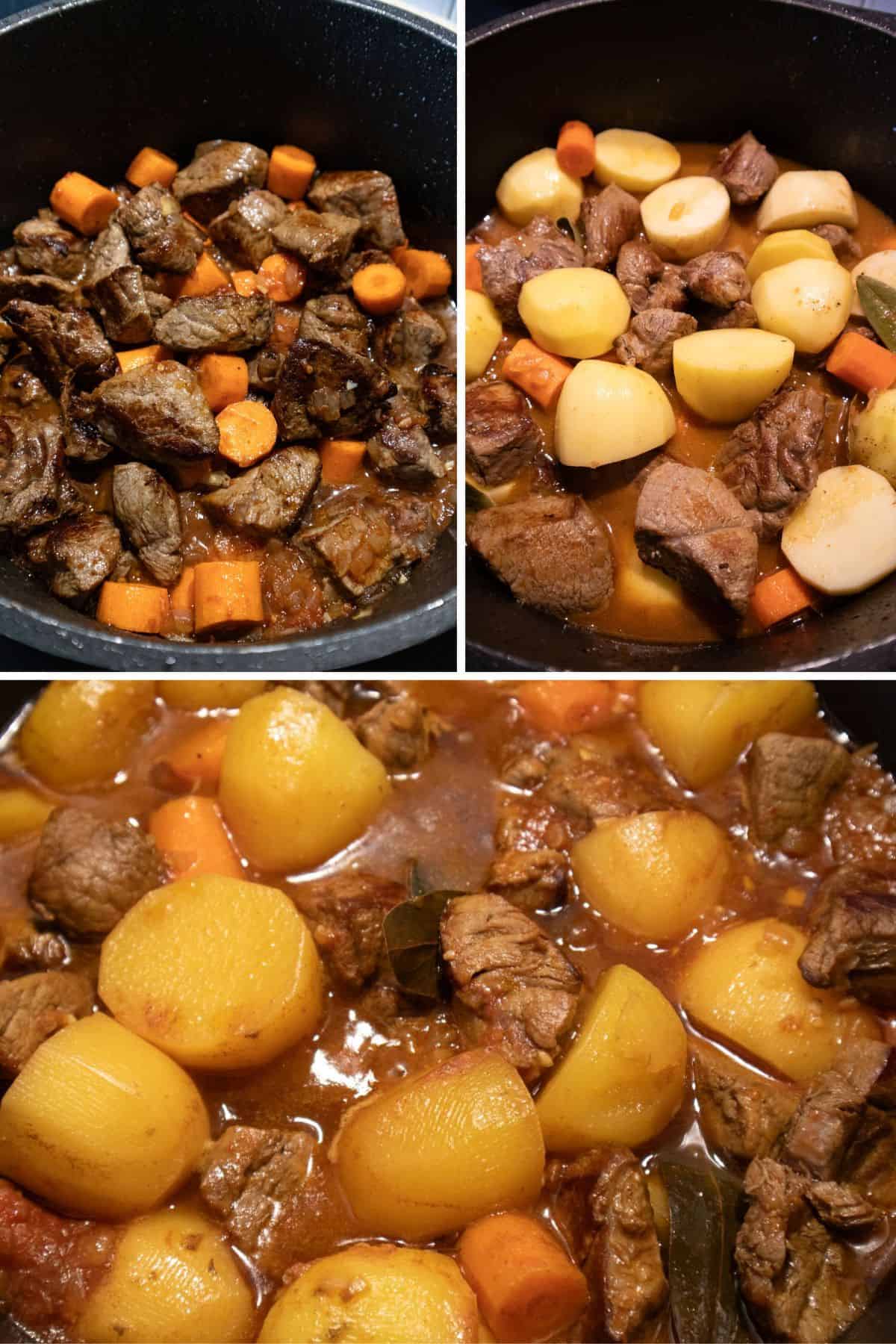 Beef stew steps adding beef, carrots, potatoes and liquids