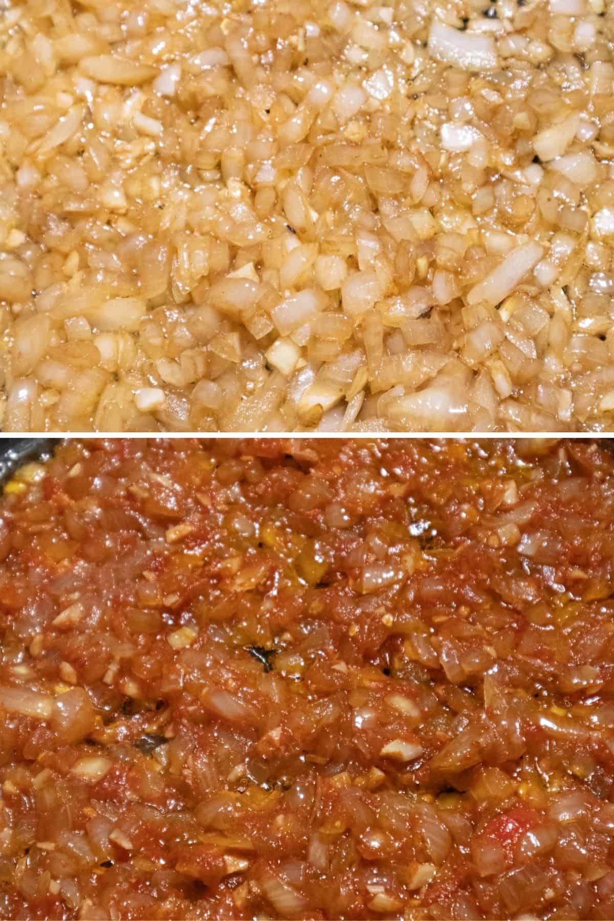 Sofrito base of garlic, onion and tomato cooking with olive oil