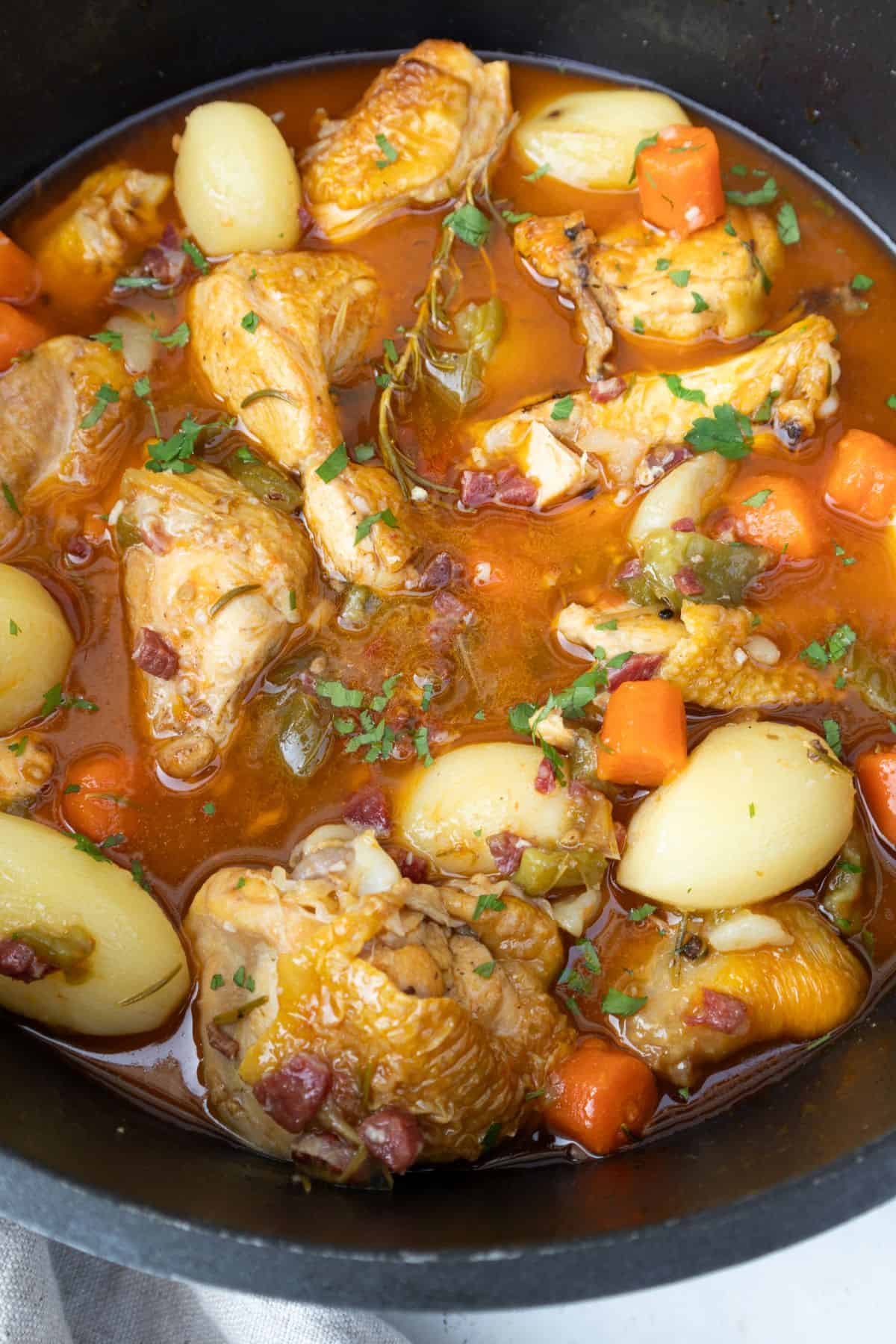 Spanish chicken stew on large pot